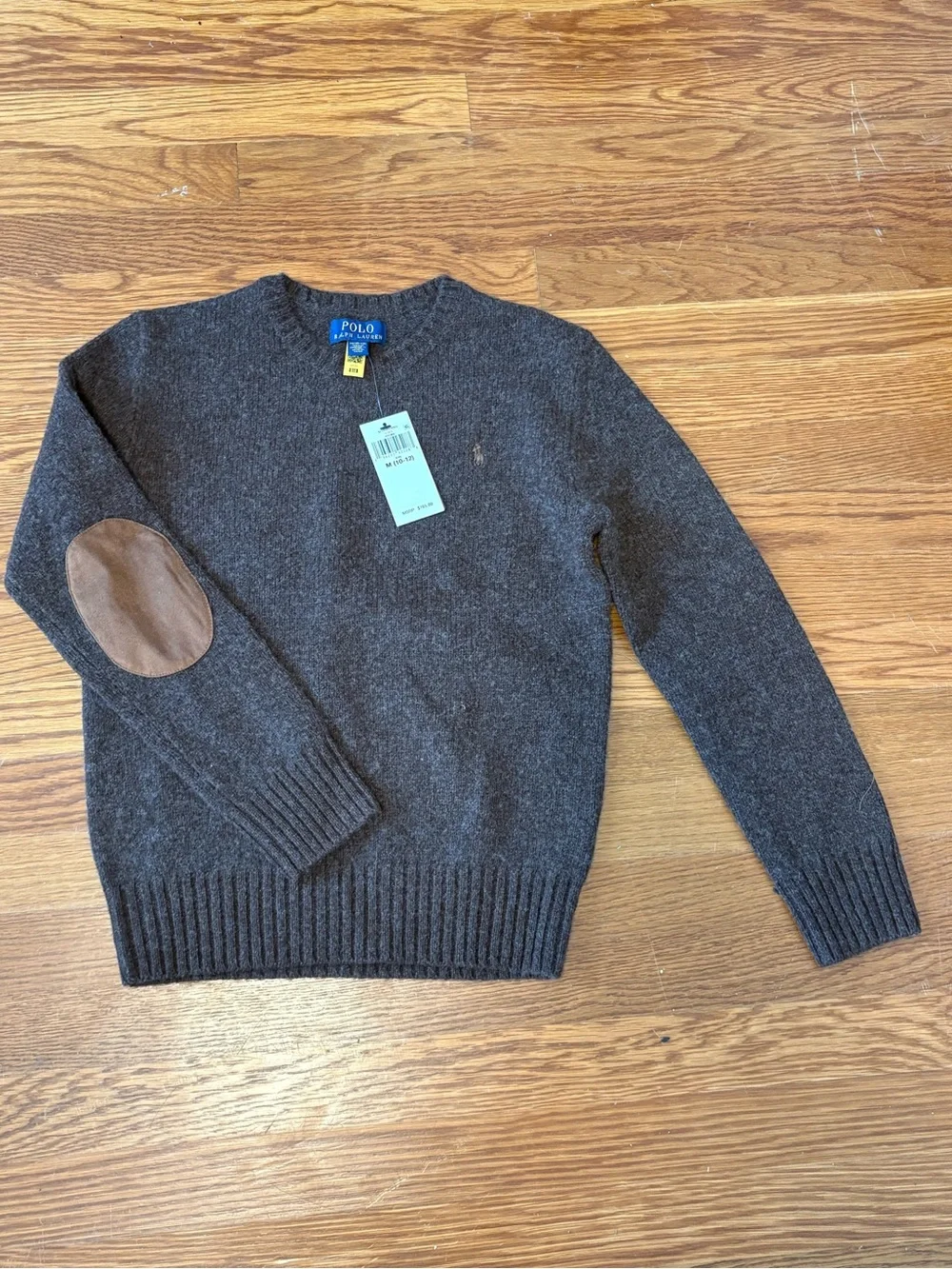NWT Polo Ralph Lauren Boys Brown Crewneck Sweater Elbow Patch Size M 10-12